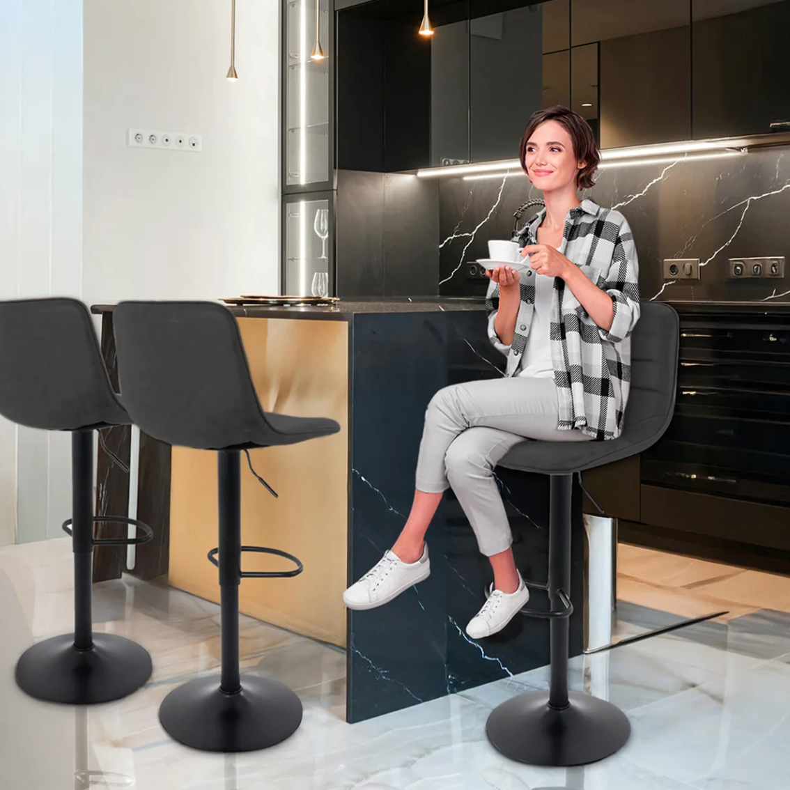 Silla De Bar Giratoria Con Respaldo Reposapies Moderna 2 Pz