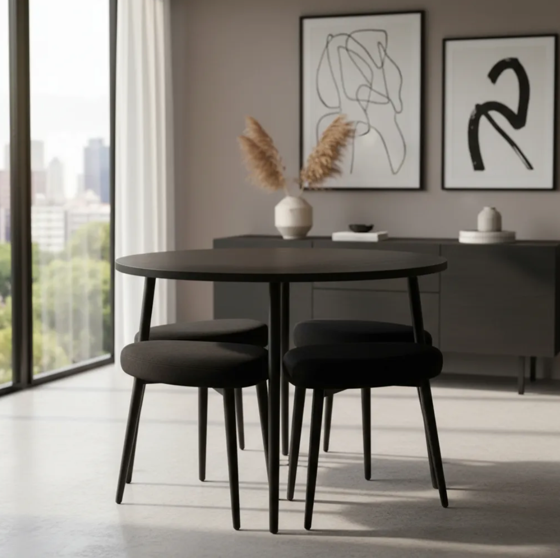 Mesa De Comedor Redonda Con 4 Bancos Acolchados Modernos Negro Poliéster