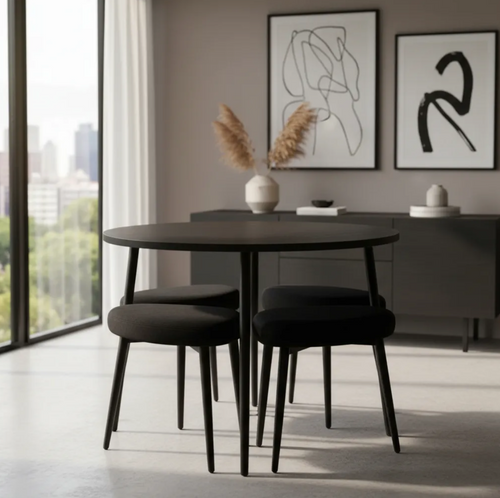 Mesa De Comedor Redonda Con 4 Bancos Acolchados Modernos Negro Poliéster