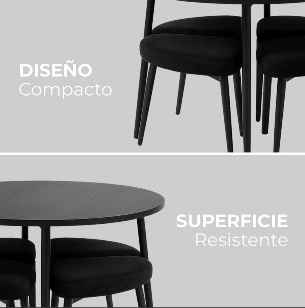 Mesa De Comedor Redonda Con 4 Bancos Acolchados Modernos Negro Poliéster