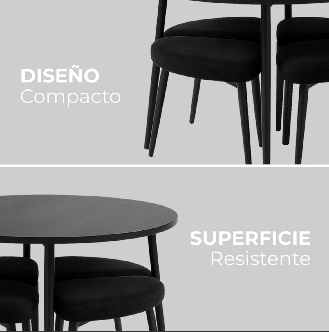 Mesa De Comedor Redonda Con 4 Bancos Acolchados Modernos Negro Poliéster
