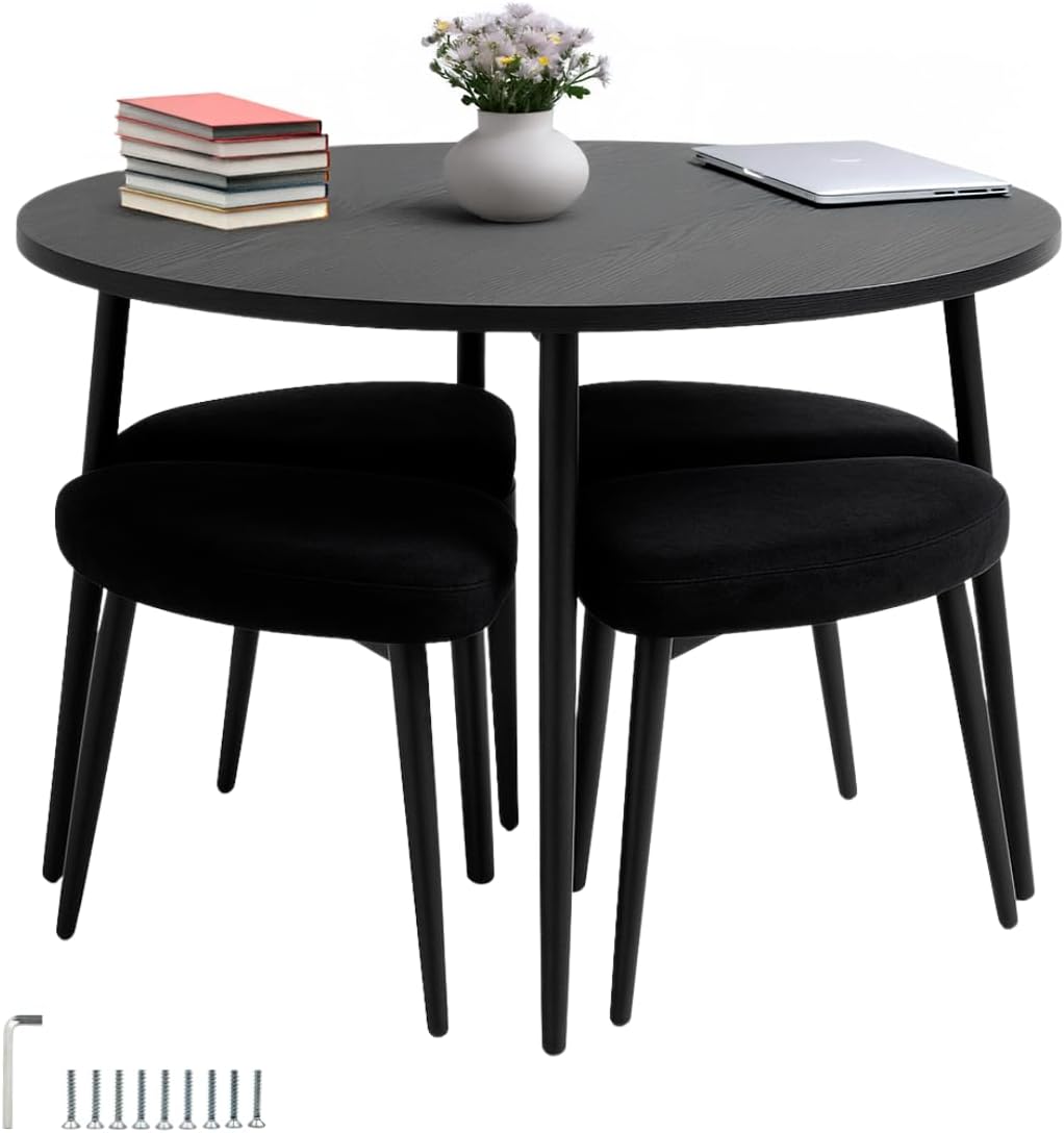 Mesa De Comedor Redonda Con 4 Bancos Acolchados Modernos Negro Poliéster